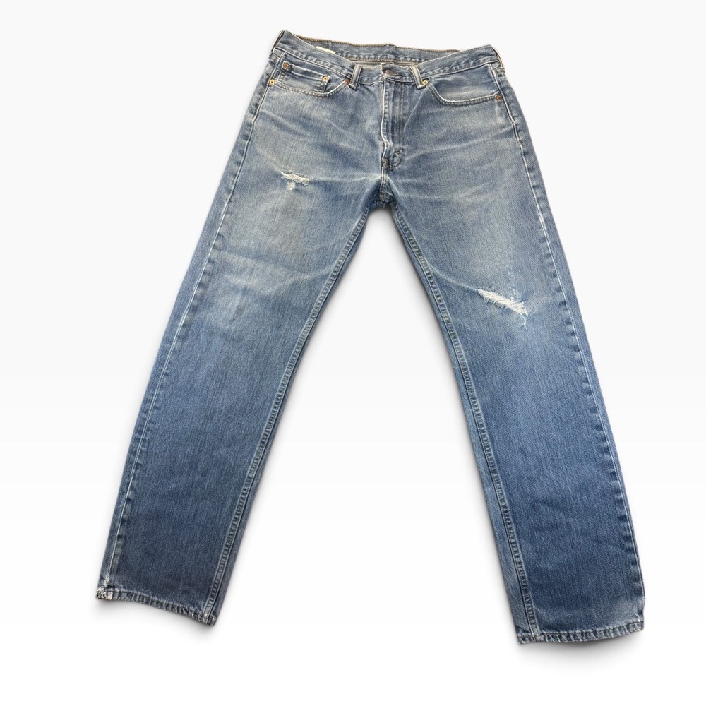 Levis 505 Mens Distressed Denim Blue Jeans Size 36X32(Tag Reads 36/34 Grunge